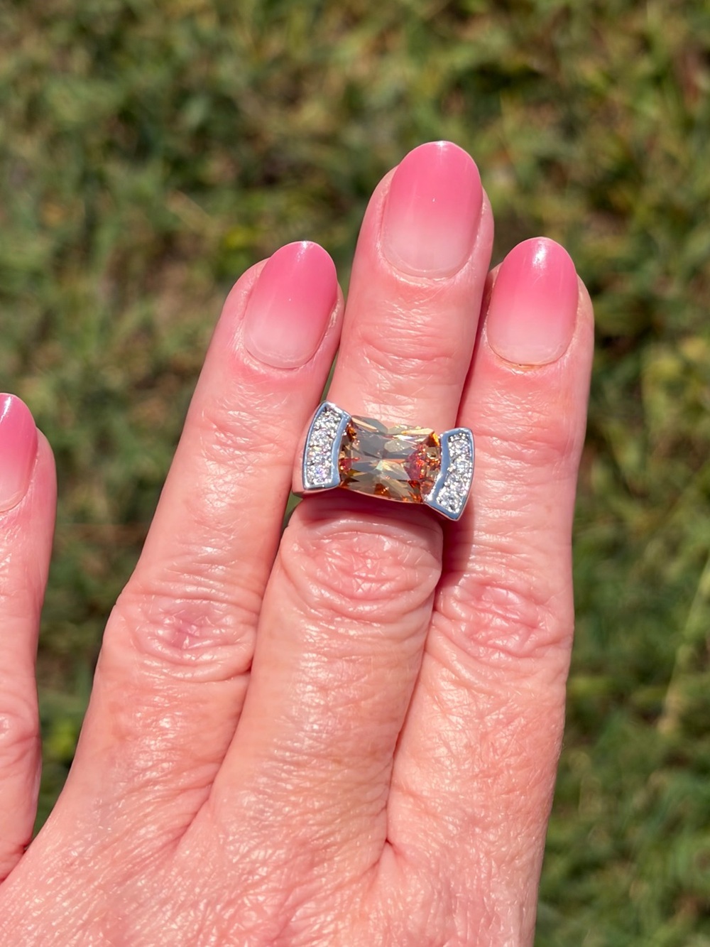 Camille Lucie Citrine Glass CZ Accent Silver Cocktail Ring
